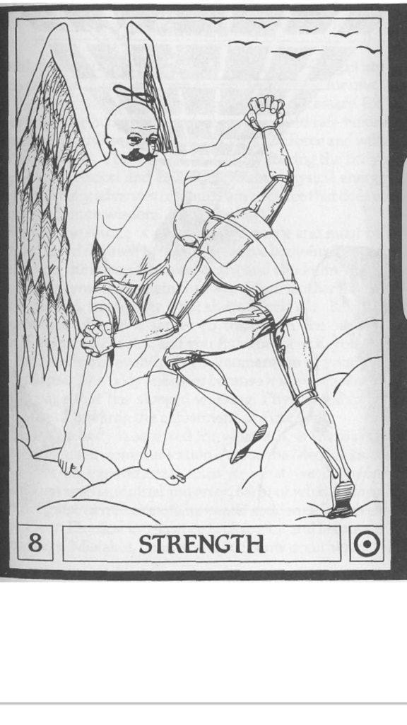Major Arcana Tarot card representing Strength. Card features Gurdjieff as an angel wrestling a mechanical man or robot.